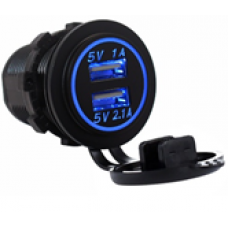 Разъём USB врезной круглый 2 порта (1A+2.1A) 12-24V с подсветкой BLUE (синий) (SKU-A10) M003