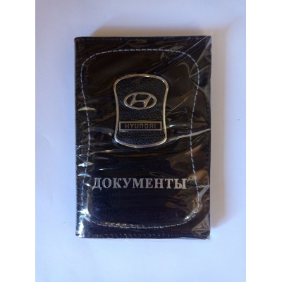 Автообложка ДОКУМЕНТЫ модельная со значком авто HYUNDAI (черная) кожа