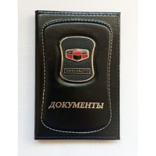 Автообложка ДОКУМЕНТЫ модельная со значком авто GEELY (черная) кожа