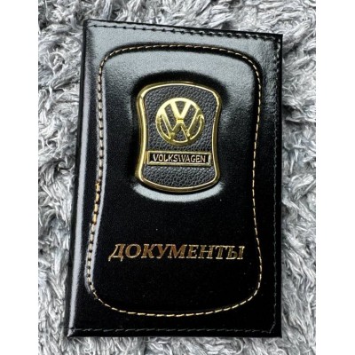 Автообложка ДОКУМЕНТЫ модельная со значком авто VOLKSWAGEN (черная) кожа