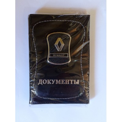 Автообложка ДОКУМЕНТЫ модельная со значком авто RENAULT (черная) кожа