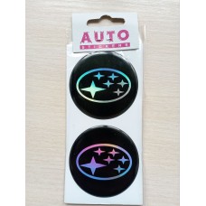 Наклейка (объемная) на колпаки "Subaru" наружная голографическая, (комплект 4 шт), Ø6см, черный фон 02155