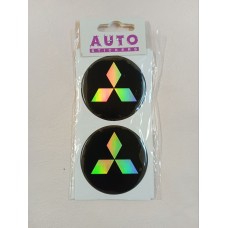 Наклейка (объемная) на колпаки "Mitsubishi" наружная голографическая(комп.4шт)Ø6см,черный фон 02150