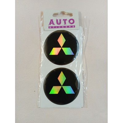 Наклейка (объемная) на колпаки "Mitsubishi" наружная голографическая(комп.4шт)Ø6см,черный фон 02150