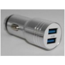 Зарядное устройство USB универсальное с подсветкой BLUE (2 разъёма USB выход: 2.4 A/2.4 A 5V,  вход: DC12V/24V, материал: алюминий) цвет: серебристый размер:26mm*63mm + кабель iPhone+Android+Type-C  длина 1,2м