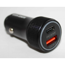 Зарядное устройство USB универсальное с подсветкой BLUE быстрая зарядка (USB1 выход:5V/3A 9V/2A 12V/1.5A  Type-C выход:5V/3A 9V/3.3A 12V/2.5A)вход:DC12V-24V материал:алюминий,цвет:чёрный размер:26mm*63mm)+кабель iPhone+Android+Type-C длина 1,2м